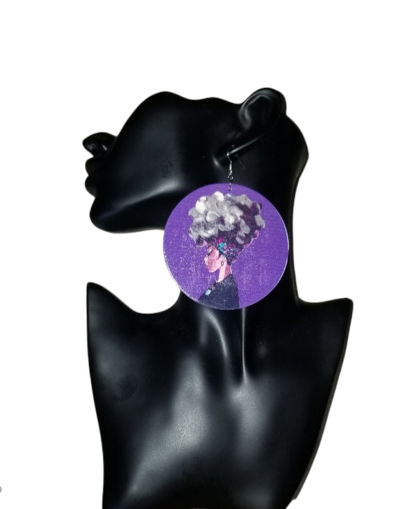Purple Afrocentric wooden earrings