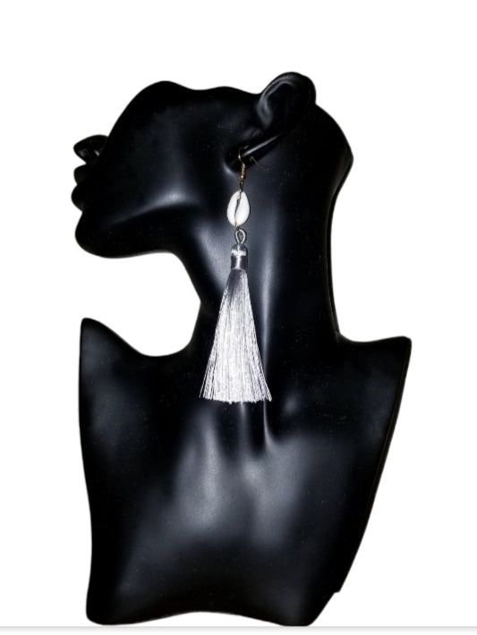 Gray Tassel Cowrie Shell Earrings