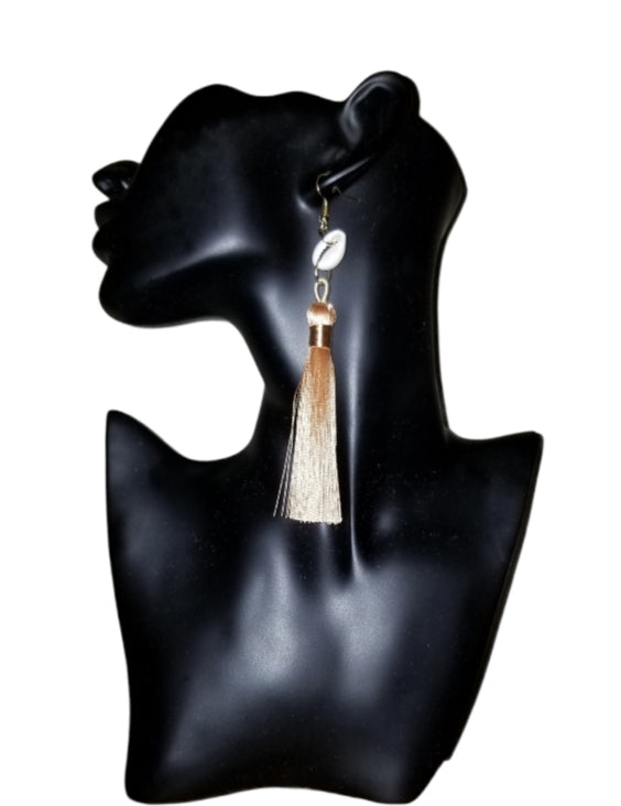 Tan Cowrie Shell Tassel Earrings
