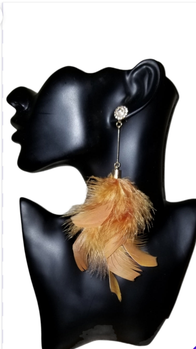 Tan Rhinestone Feathered Earrings