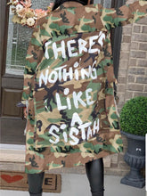 Load image into Gallery viewer, Sis You Fly Camouflage Jacket.This jacket is also available in multicolor letters when you click the color drop down button below. Please cashapp $KIMestryllc $7 for shipping once the jacket has been purchased through the website.

